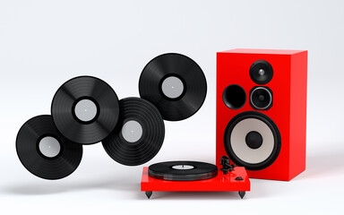 Set of Hi-fi speakers and DJ turntable for sound recording studio on white