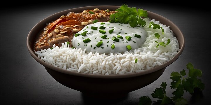 Delicious Basmati Reis mit Rindfleisch frischem Gem&uuml;se Nahaufnahme, ai generativ
