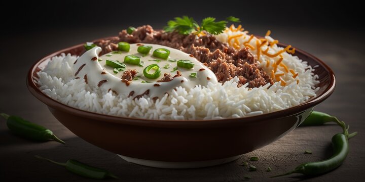Delicious Basmati Reis mit Rindfleisch frischem Gem&uuml;se Nahaufnahme, ai generativ