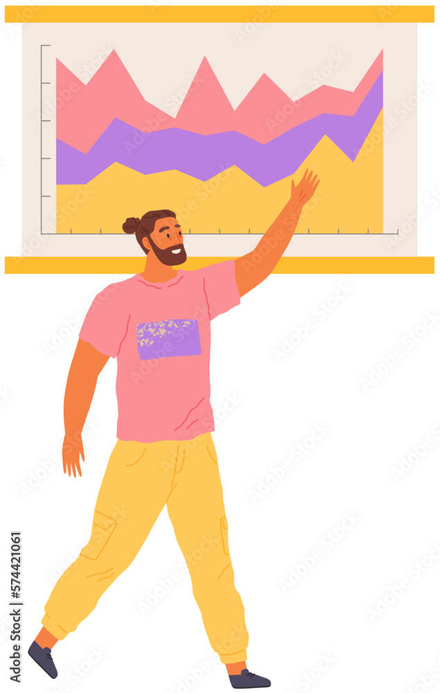Poster man stands at board with statistics diagrams and explore it. businessman doing report with data. man