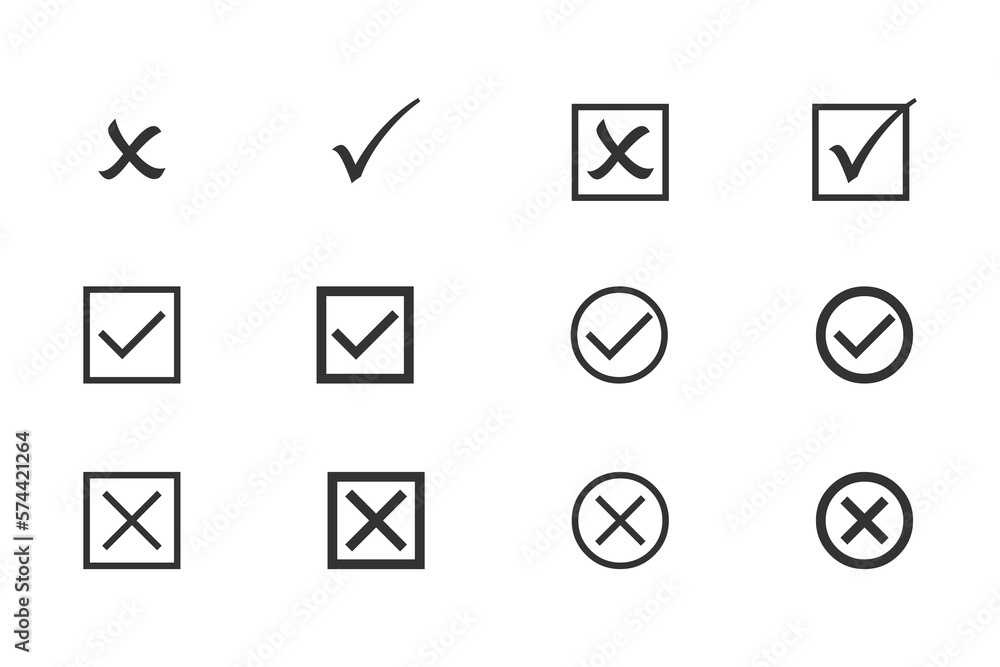 Poster set of check mark and cross vector icon. black check mark and close icon. tick ​​symbol in black col