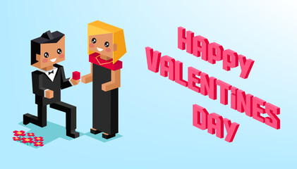 Happy Valentines Day poster in pixel art style. Love message. Pixel pink hearts and pixelated couple in love. Proposal for marriage at Valentines day. Honesty, romantic, relationship. Greeting Card