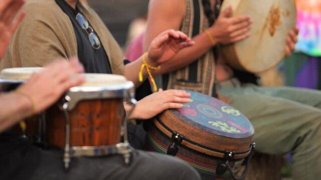 Musicians Playing on Ethnic Percussion Drum Instruments, High Quality 4K Cinematic Slowmotion Music Festival Footage. Chiang Dao, Thailand.
