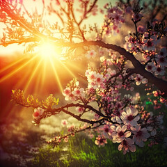 Obraz na płótnie Canvas Nature scene with blooming tree and sun flare came inside the spring flowers created using generative ai