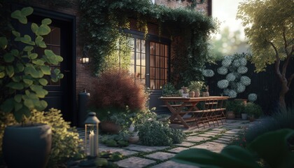Obraz na płótnie Canvas Serene Home Garden: Lush and Beautiful Greenery in a Backyard Oasis. Generative AI