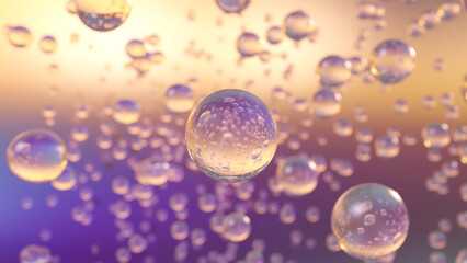Fototapeta premium Bubbles of abstract liquid against a blurred background. Design of collagen bubbles. Essentials of Moisturizing and Serum Idea. Concept of vitamins for beauty and health. 3D rendering