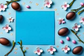 Naklejka na ściany i meble Cherry blossoms and colorful Easter chocolate eggs flat laid on a blue background. Either a card or a banner. Generative AI