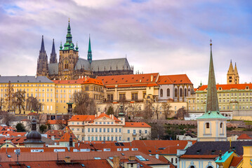 Naklejka na ściany i meble Cityscape of Prague with medieval towers and colorful buildings, Czech Republic