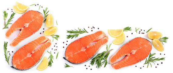 Slice of red fish salmon with lemon, rosemary isolated on white background with copy space for your text. Top view