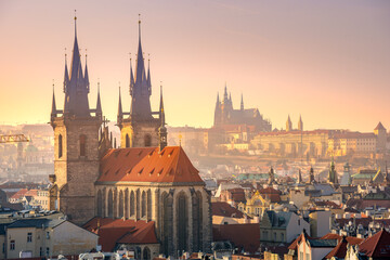 Cityscape of Prague with medieval towers and colorful buildings, Czech Republic