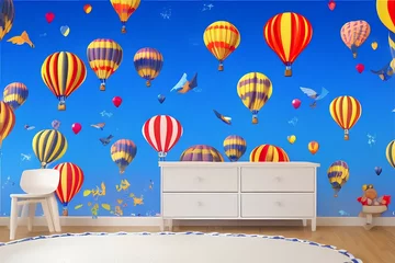 Fototapeten 3d kids room wallpaper design with hot air balloons and birds on a sky background - generative ai © unalcreative