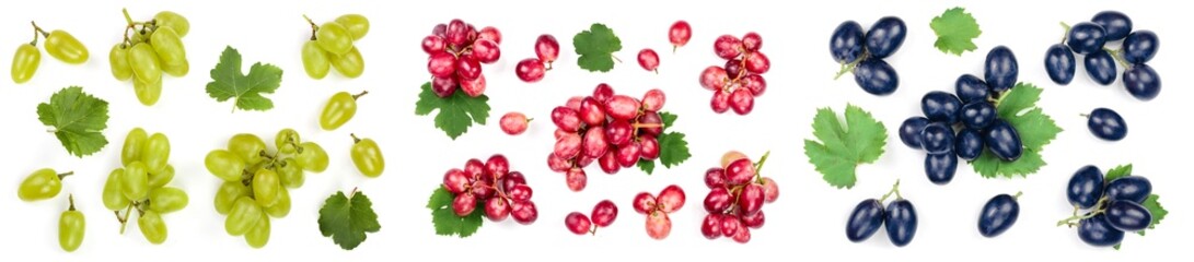 green pink and blue grapes isolated on the white background. Top view. Flat lay pattern