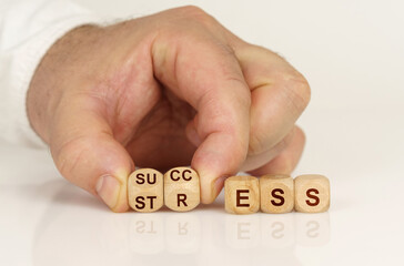 On the reflective surface in the hands of a man are cubes with the inscription - SUCCESS or STRESS
