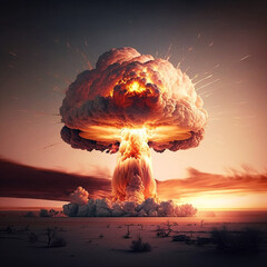 Nuclear mushroom from the explosion in the desert. Generative AI.