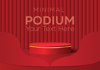 Realistic 3D dark red, gold cylinder pedestal podium with wavy shape layers background. Abstract minimal scene mockup product stage showcase, Promotion display. 