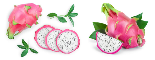 Dragon fruit, Pitaya or Pitahaya with leaf isolated on white background. Top view. Flat lay