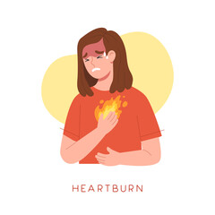 Young female having heartburn symptom. Feeling like fire burning at chest area because Sphincter open allowing acid reflux to esophagus. Concept of GERD, stomachache. Flat vector illustration. - obrazy, fototapety, plakaty