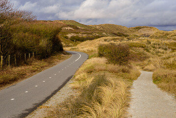 Bicycle and walking path on the dunes at the North Sea shore