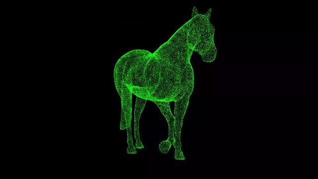 3D horse rotates on black bg. Object dissolved green flickering particles 60 FPS. Business advertising backdrop. Science concept. For title, text, presentation. 3D animation.