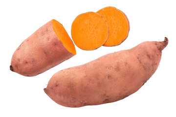 Sweet potato isolated on white background closeup. Top view. Flat lay.