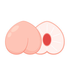 Peach cartoon vector. Doodle peach with leaves icon. Peach fruit in shape of heart isolated on white background. Farm, natural food, fresh fruits.