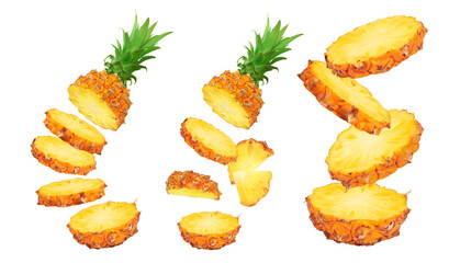 falling pineapple slices isolated on white background with full depth of field