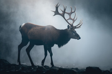 Deer in smoky forest. Illustration AI Generative