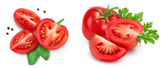 Tomato half and slices isolated on white background with full depth of field. Top view. Flat lay