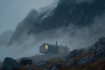 Fototapeta premium Foggy Nordic Sunrise: Cabin in the Mountain Landscape. Generative AI
