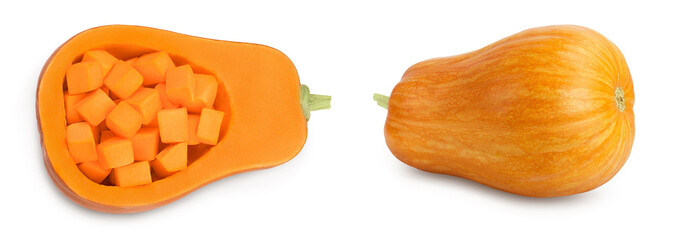 butternut squash or pumpkin half isolated on white background with full depth of field. Top view. Flat lay