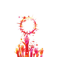 Christian cross with Crown of Thorns and hands in red color, isolated vector illustration. Religion themed design for Christianity and worshipping community. Wreath of thorns concept with arms raised