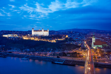 Fototapeta na wymiar Bratislava from above at dusk with castle