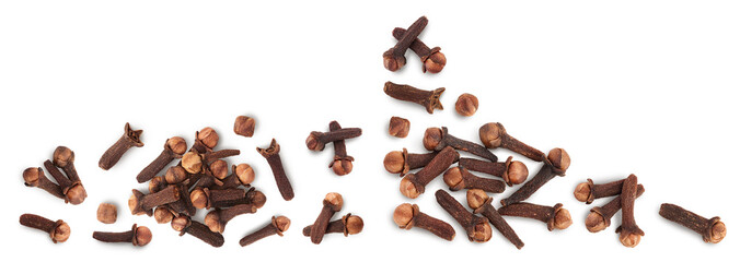 Dry spice cloves isolated on white background. Top view. Flat lay