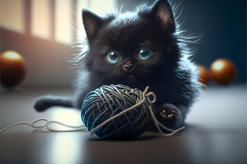 cute black kitten plays with a ball of string created with generative AI technology