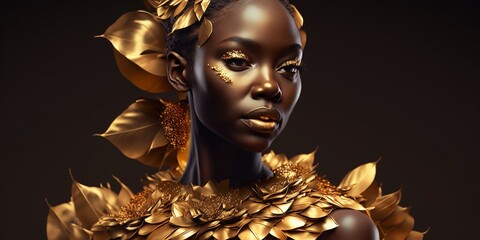 Hübsches Model mit goldenem Styling und Make-up, Afroamerikanische Frau im Porträt. ai generativ