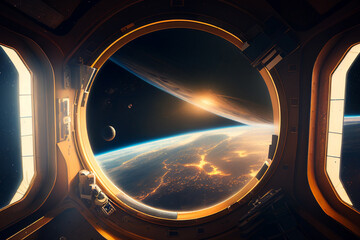 planet viewed from a futuristic space station, bright light of sun made with Generative AI