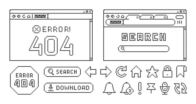 Internet browser in pixel style. Set of retro pixelated icons.