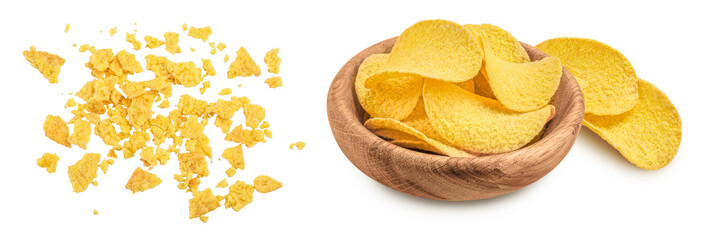 Potato chips isolated on white background with full depth of field. Top view. Flat lay.