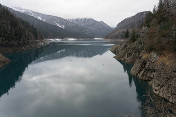 View of dam on artificial lake of Sauris (Lago di Sauris) in Friuli Venezia Giulia, Udine, Italy, Europe