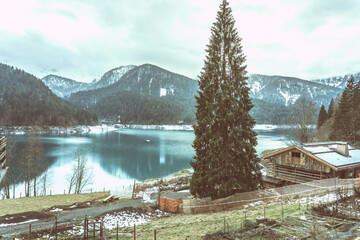 View of dam on artificial lake of Sauris (Lago di Sauris) in Friuli Venezia Giulia, Udine, Italy, Europe