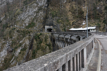 View of dam on artificial lake of Sauris (Lago di Sauris) in Friuli Venezia Giulia, Udine, Italy, Europe