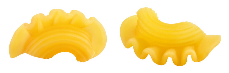 Pasta cornetti creste macaroni isolated on white background with full depth of field