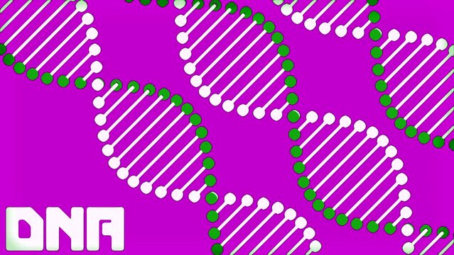 Purple and green background with dna scheme. Design. A bright background with dna molecules that rotate made in computer abstraction.