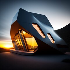 Future architecture, luxury house in fantasy style in the sunset, nighttime