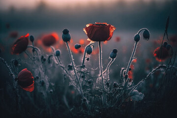 Poppy flower field background. Illustration AI Generative