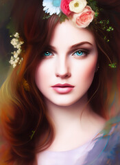 Naklejka premium Portrait of a beautiful woman. Illustration of a beautiful girl. Beautiful woman painting.