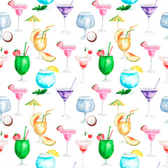 Summer cocktails watercolor seamless pattern. Alcoholic cocktails. Non-alcoholic cocktails. Milkshakes. Mojito. For printing on textiles, fabrics, wrapping paper, postcards, covers. 