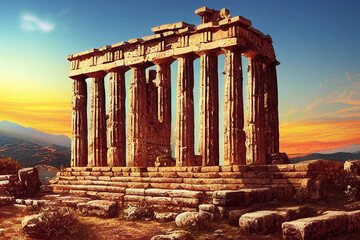 Obraz premium remains of an ancient building at sunset, mediterranean climate made with Generative AI