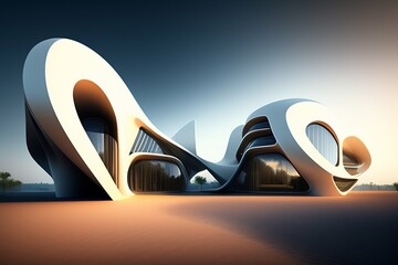 Future architecture, luxury house in fantasy style in the desert, alien - 574429014