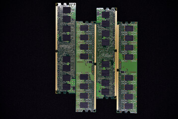 Blue RAM bars on a black background. Computer memory chips. Computer chips.